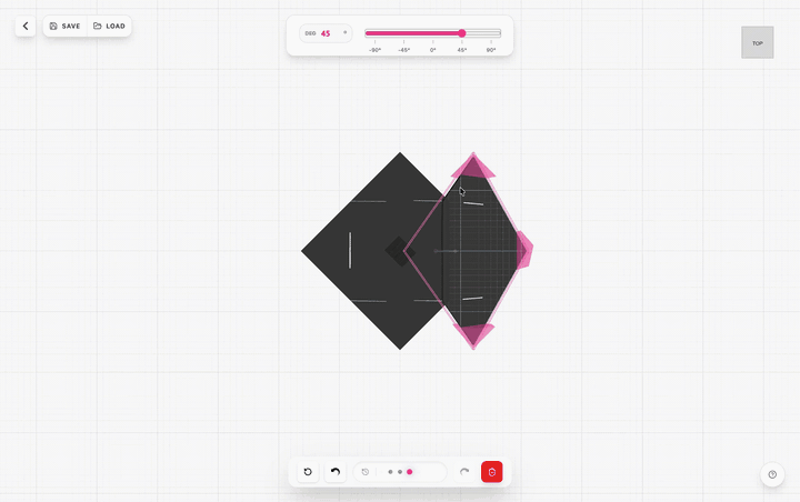 the full playground canvas: selecting a tessellated panel, adjusting its fold angle, and stepping back through the undo history